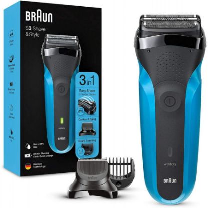 صورة ماكينة حلاقة Series 3 ProSkin Shave & Style 310BT للحلاقة الجافة مع مكينة تشذيب اللحية الدقيقة و5 أمشاط، باللون الأسود أو الأزرق من براون