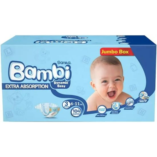 صورة حفائض بامبي وسط جامبو بوكس 104 حفاض