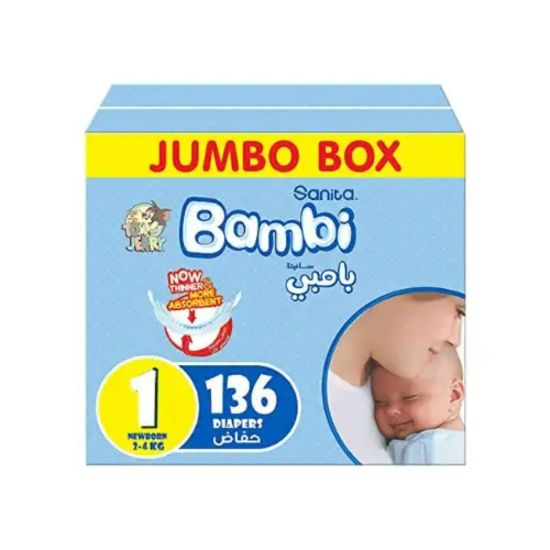 صورة حفائض بامبي مولود جديد جامبو بوكس 136 حفاض