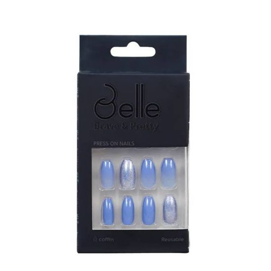 Picture of BELLE PRESS ON NAILS (MOJ) COFFIN SHAPE GLOSSY OMBRE BLUE