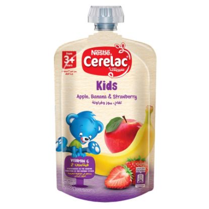 Picture of CERELAC PUREE KIDS APPLE BANANA STRAWBERRY 110G + 3 YEARS